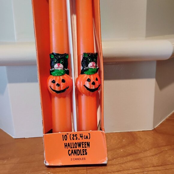 Vintage Halloween Black Cat Pumpkin Taper Candles Set Of 2 -10” Hong Kong - NOS - Picture 2 of 7